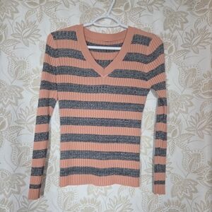 The Slope Brooklyn NY Women’s Peach Gray V-neck Ribbed Pullover Sweater Top EUC